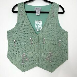 Vintage Boho Western Mint Green Crochet Beaded Vest Festival Retro Cottagecore